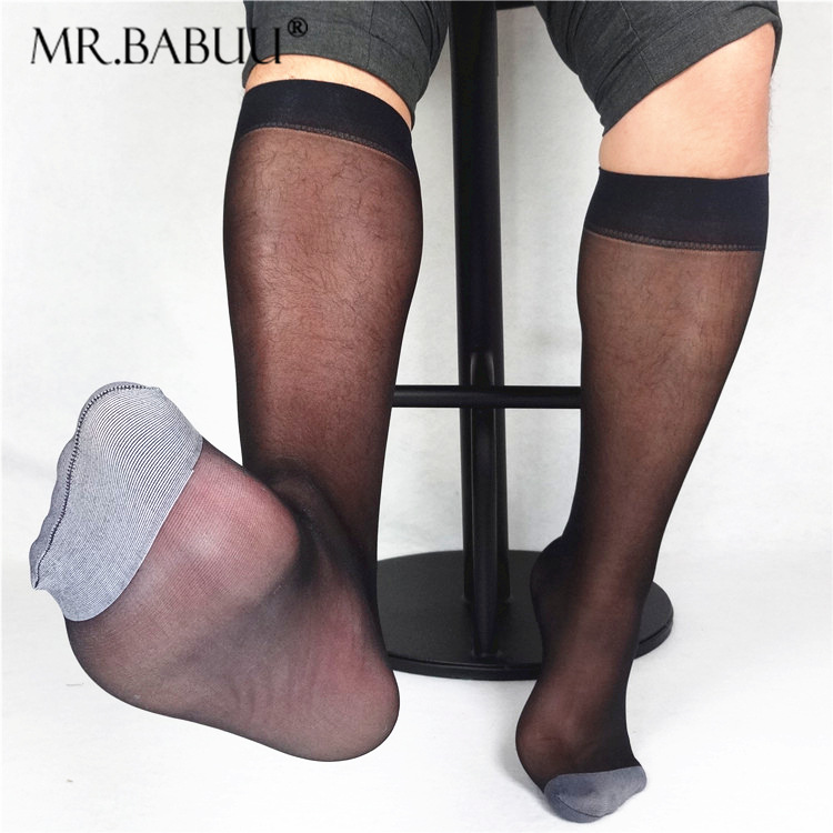 Men Business Soft Sheer Socks Contrast Toe Light Weight Formal Dress Suit Knee Length Long Socks Mesh Nylon Silk Socks