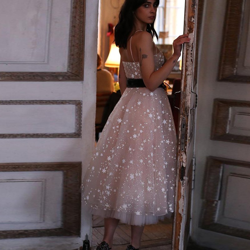 2020 Bling Star Homecoming Dresses With Belt Spaghetti Tea Length A Line Cocktail Party Dress Custom Made Prom Gowns