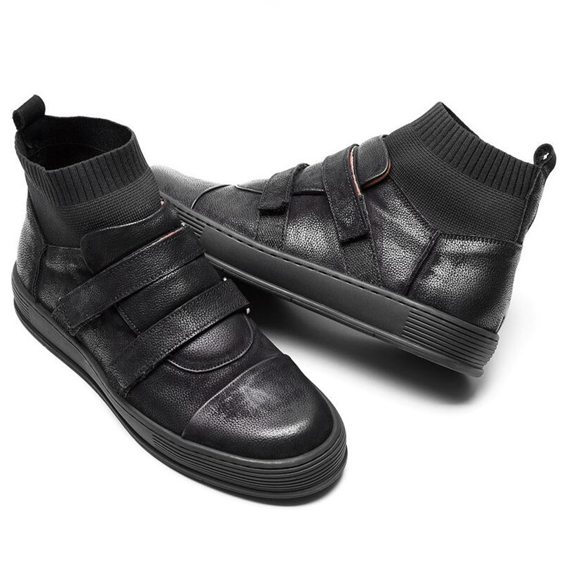 Hot Sale-uine Leather Hook Loop Ankle Boots Man Casual Boots Boy Trendy Sock Sneakers Shoes