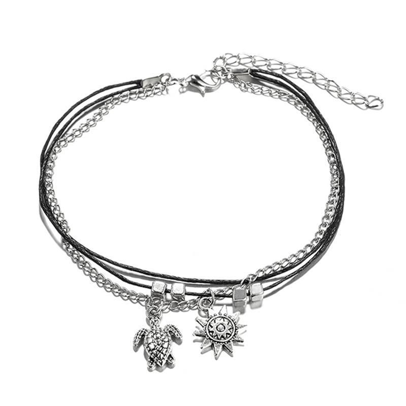 Simple geometric turtle sun animal square beaded black wire rope chain anklet ladies beach tourism