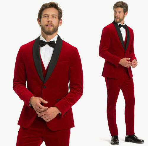 3 Pieces Red Velvet Mens Wedding Suits Black Shawl Lapel Groom Formal Wear Prom Tuxedos Best Man Blazer Suit (Jacket+Vest+Pants)