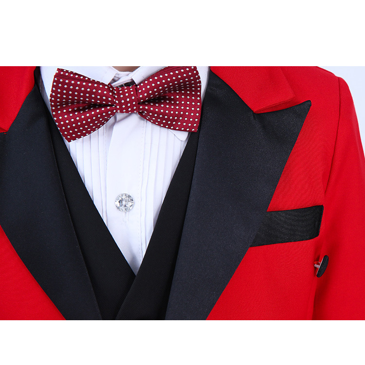 2019 Boy's Formal Wear Wedding Suits Red Peaked Lapel Tailcoat Handsome Black Prom Party Pants Suits (Jacket+Pants+Bow+Shirt)