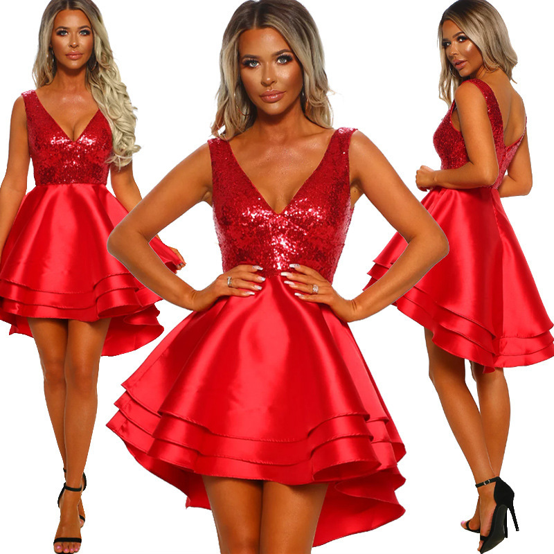 A Line Sequin Satin Homecoming Dresses 2019 V Neckline Sleeveless Backless 8Th Grade Short Tail Party Dress Graduation Ruffles Skirt 0510