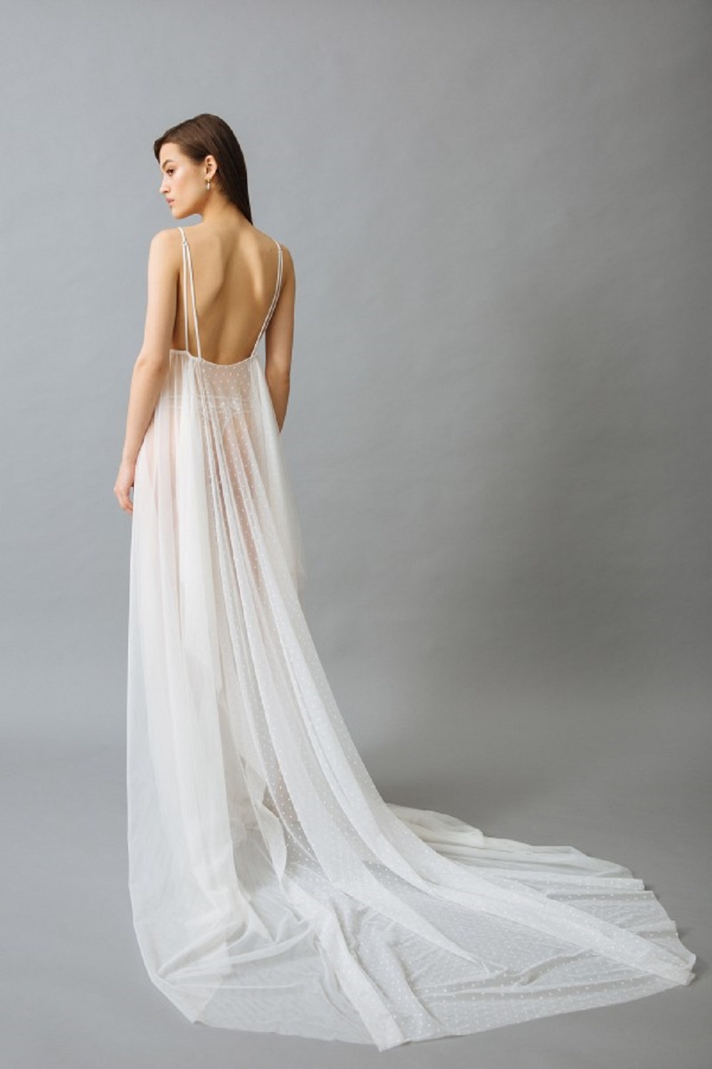 sexy wedding robes spaghetti strap sleeveless dot appliqued lace see through night gown for women ribbon backless court train sleepwear