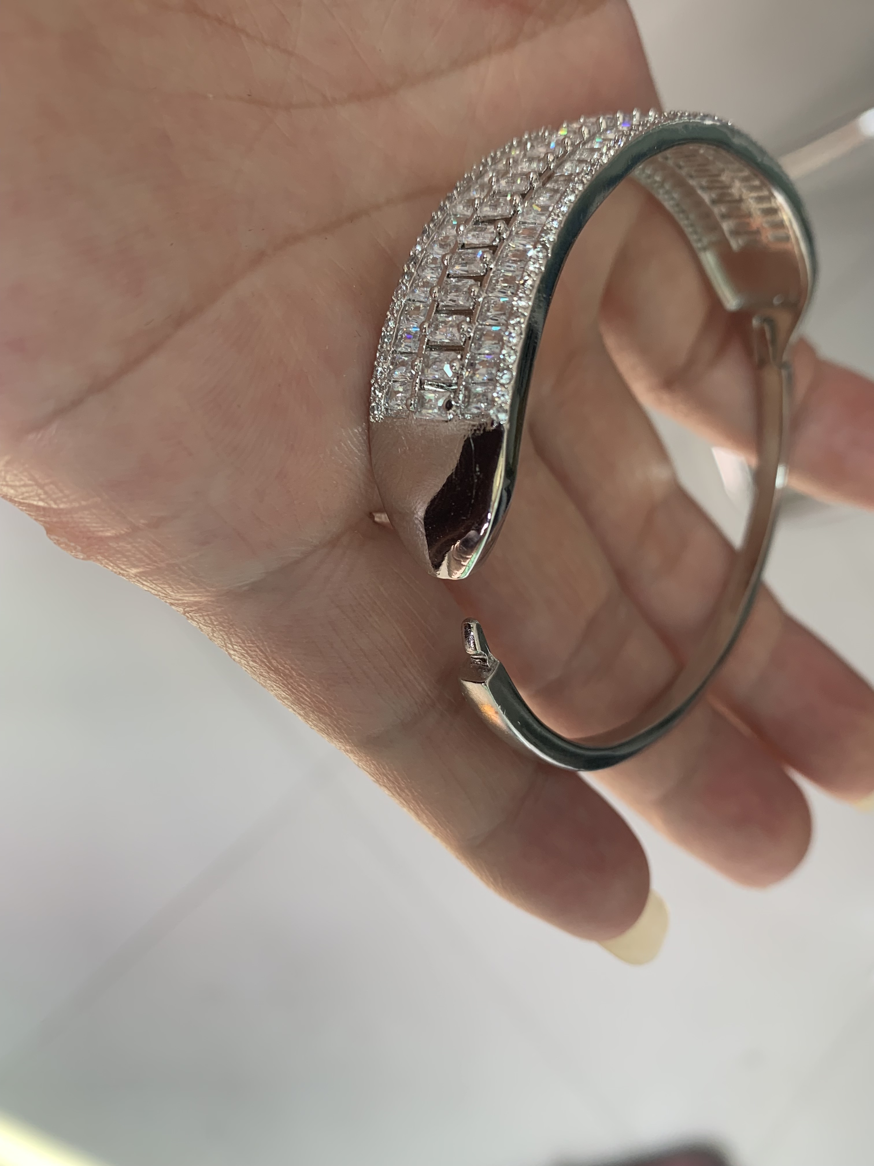 Circle Bangle Bracelet for Women: Three Rows of Princess-Cut White Clear Topaz Gemstones in Sterg Sier