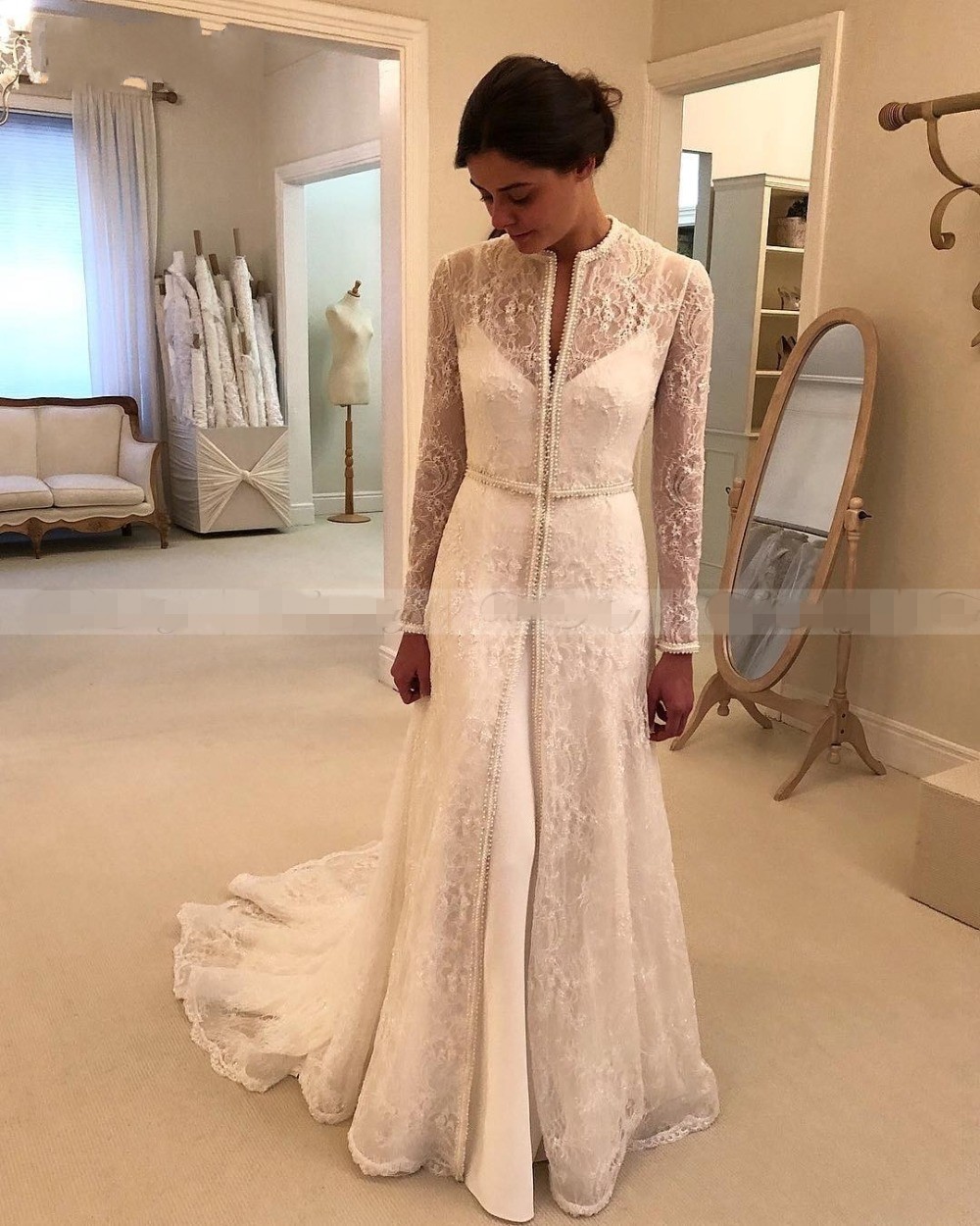 Vintage Lace Long Sleeves Mermaid Two Pieces Wedding Dresses with Detachable Skirt Coat Beaded lace Boho Arabic Wedding Dresses 2019