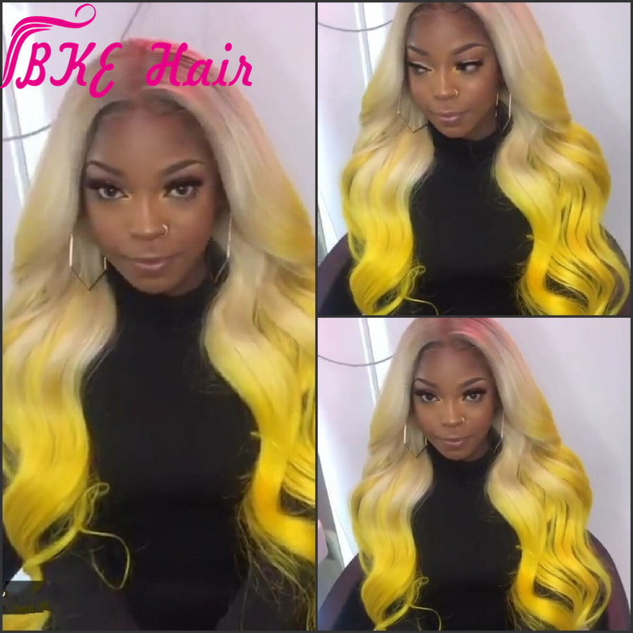 Blonde Ombre Yellow Wig Fashion Synthetic Body Wave Lace Front Wigs for Party Heat Resistant Handmade Long Wavy Synthetic Lace Wigs