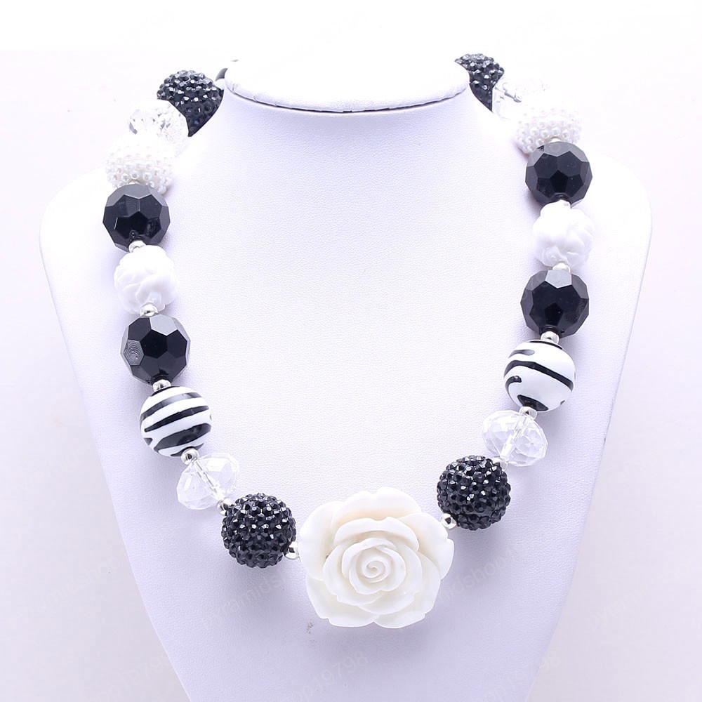 Kids Girls Chunky Beads Necklace Bracelets Cute White Rose Flower Child Baby Chunky Beads Jewelry Set For Party New