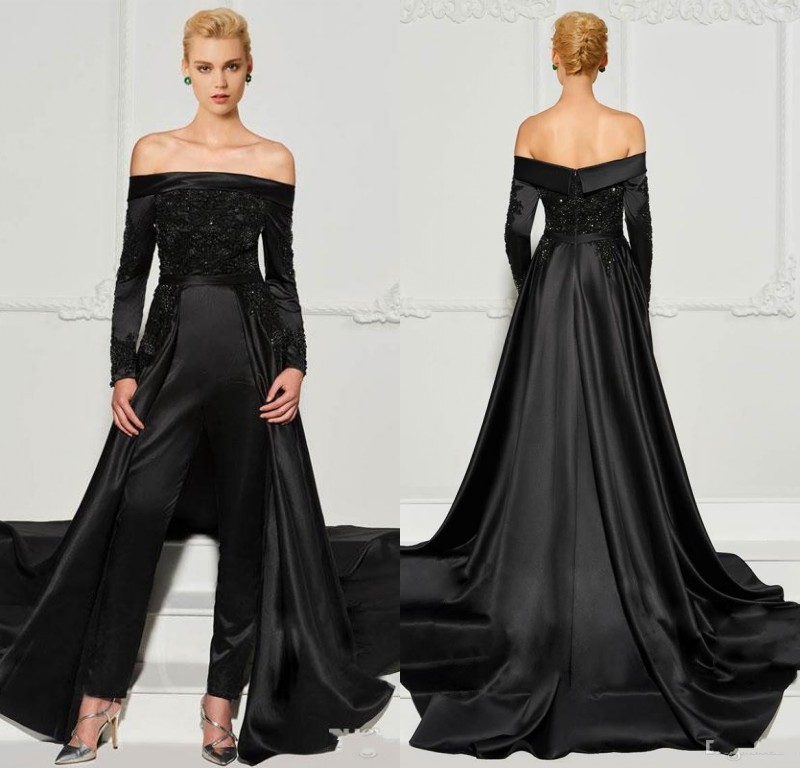 Fashion Black Lace Jumpsuits Evening Dresses With Detachable Train Off The Shoulder Beaded Formal Gowns Long Sleeves Sequined Prom Dress, Chocolate
Fashion Black Lace Jumpsuits Evening Dresses With Detachable Train Off The Shoulder Beaded Formal Gowns Long Sleeves Sequined Prom Dress, Chocolate