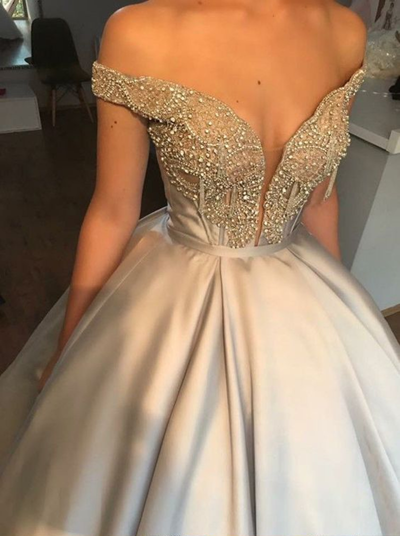 Off-the-Shoulder Grey Prom Dresses Long Evening Dresses Crystals Formal Party A-Line Bridesmaid Wear Gown QC1348