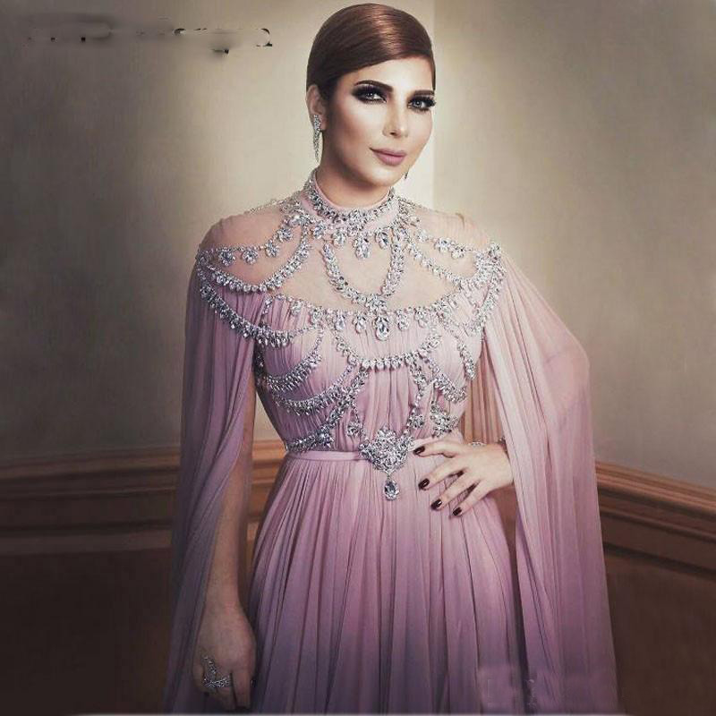 Arabic Chiffon Long Evening Dresses Women Celebrity Dubai Caftan Crystal Zipper High Neck Prom Formal Party Gowns