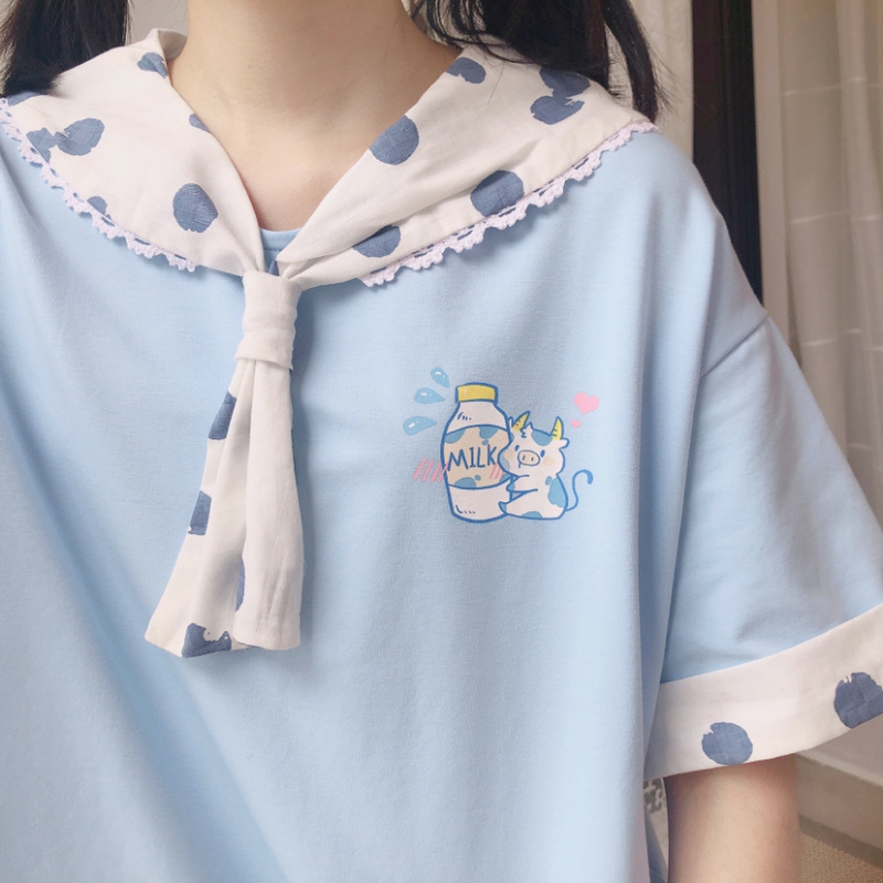 Women Summer new Navy Big Lapel Cute Dairy cattle T-shirt Teen Girls Student Japanese Loose Short sleeve Pullover Tops Korean, Blue
Women Summer new Navy Big Lapel Cute Dairy cattle T-shirt Teen Girls Student Japanese Loose Short sleeve Pullover Tops Korean, Blue