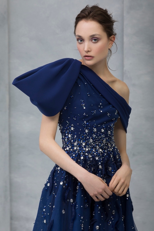 navy evening dresses oneshoulder lace appliqued beaded sequined prom gowns sweep train custom made formal party dresses