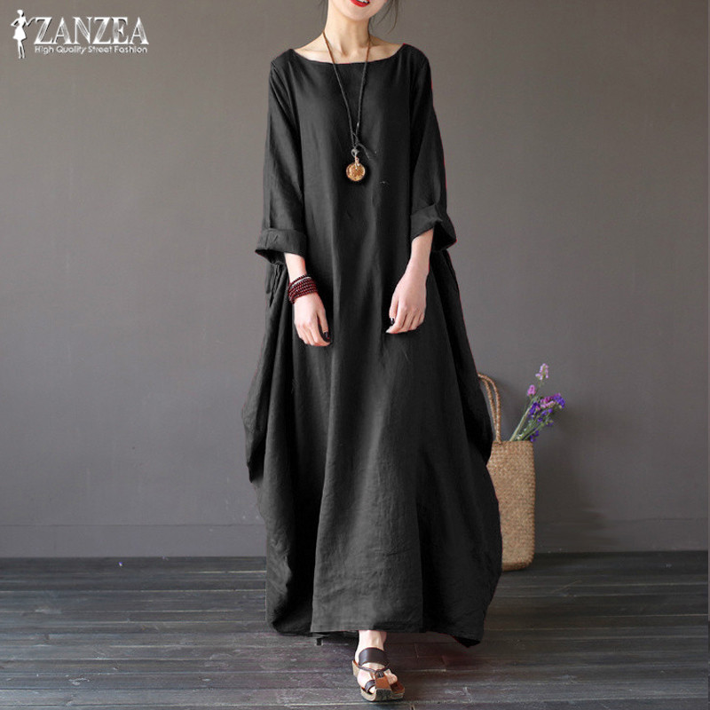Casual Dresses ZANZEA 2021 Women's Sundress Vintage Linen Long Dress Female Beach Party Maxi Batwing Sleeve Baggy Vestidos Kaftan Robe1