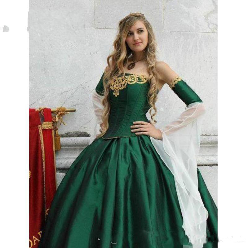 2019 Gothic Wedding Dresses Halloween Victorian Bridal Gowns Long Sleeves Floor Length Corset Back Satin Hunt Green Wedding Gowns