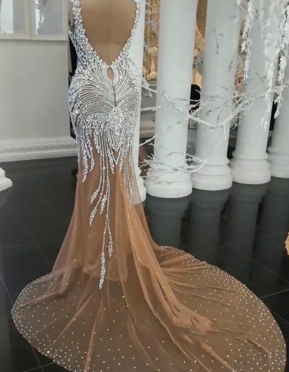 Champagne Plus Size Dresses V Neck Crystal Beads Sweep Train Sexy Backless Gorgeous Mermaid Wedding Dress Country Bridal Gowns