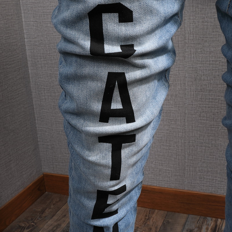 Print Distressed Blue Jeans Guy Slim Biker Fit Skinny Leg Ripped Fading Cowboy Trousers Men