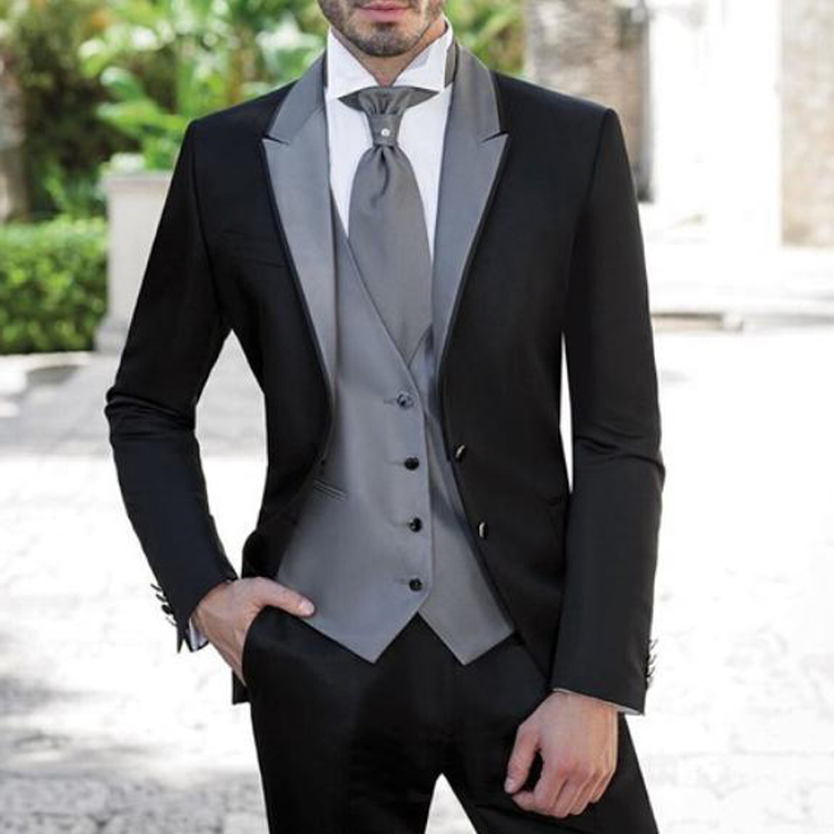 Silver Gray Wedding Tuxedos Handsome Peaked Lapel Men Pant Suits Formal Slim Fit Two Button Groom Wear (Jacket+Vest+Pants)