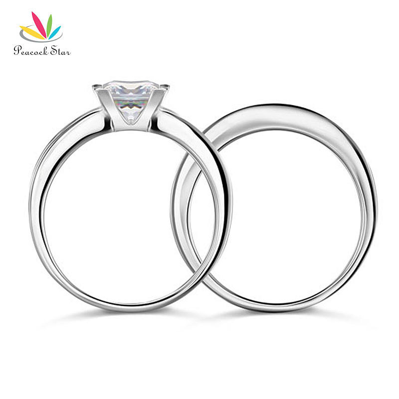 Peacock Star Solid 925 Sterling Silver 2-Pcs Wedding Engagement Ring Set 1 Ct Princess Cut Jewelry CFR8020 CJ191216