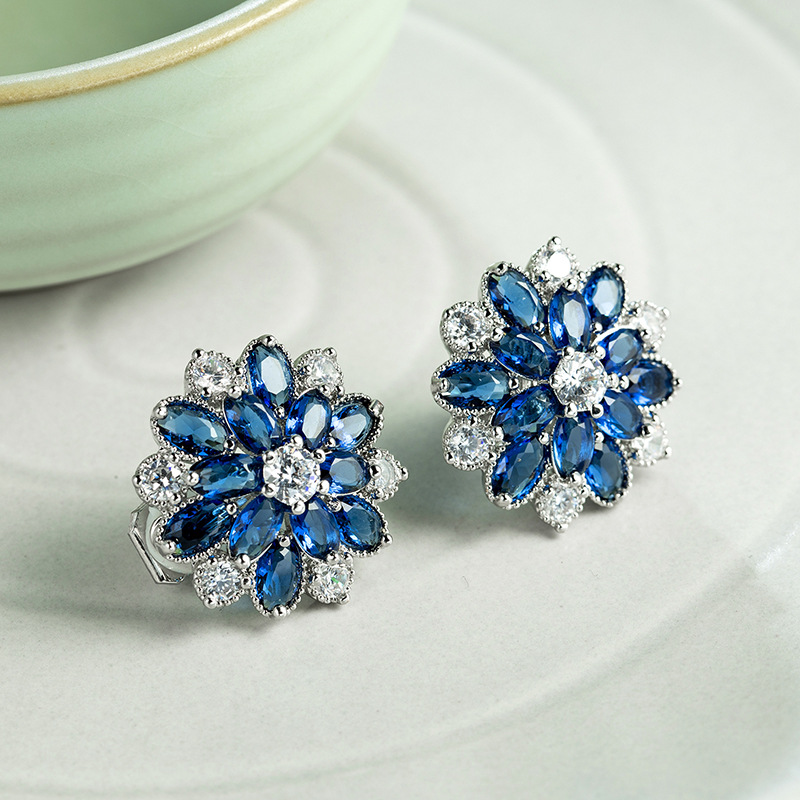 LuckyShine Trendy Women Ear clip colorful Cubic Zirconia Cz Flower 4 Color 925 sterling Silver plated Earrings 3 Pair/Lot Free Shipping