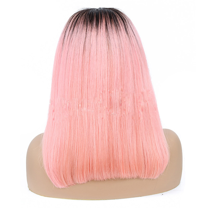 Indian Ombre Human Hair Silky Straight 1B/Grey 1B/Pink 13X4 Lace Front Wig 10-16Inch Short Bob Wigs