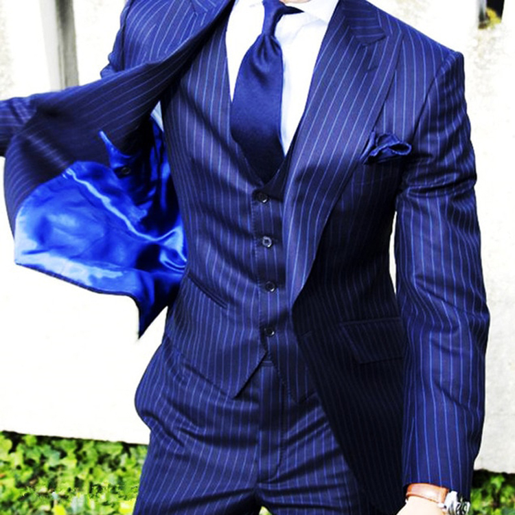 Fashion Royal Blue Pinstripe Stripe Men Wedding Tuxedos Peaked Lapel Slim Fit Mens Designer Jackets Groom Wear (Jacket+Vest+Pants)