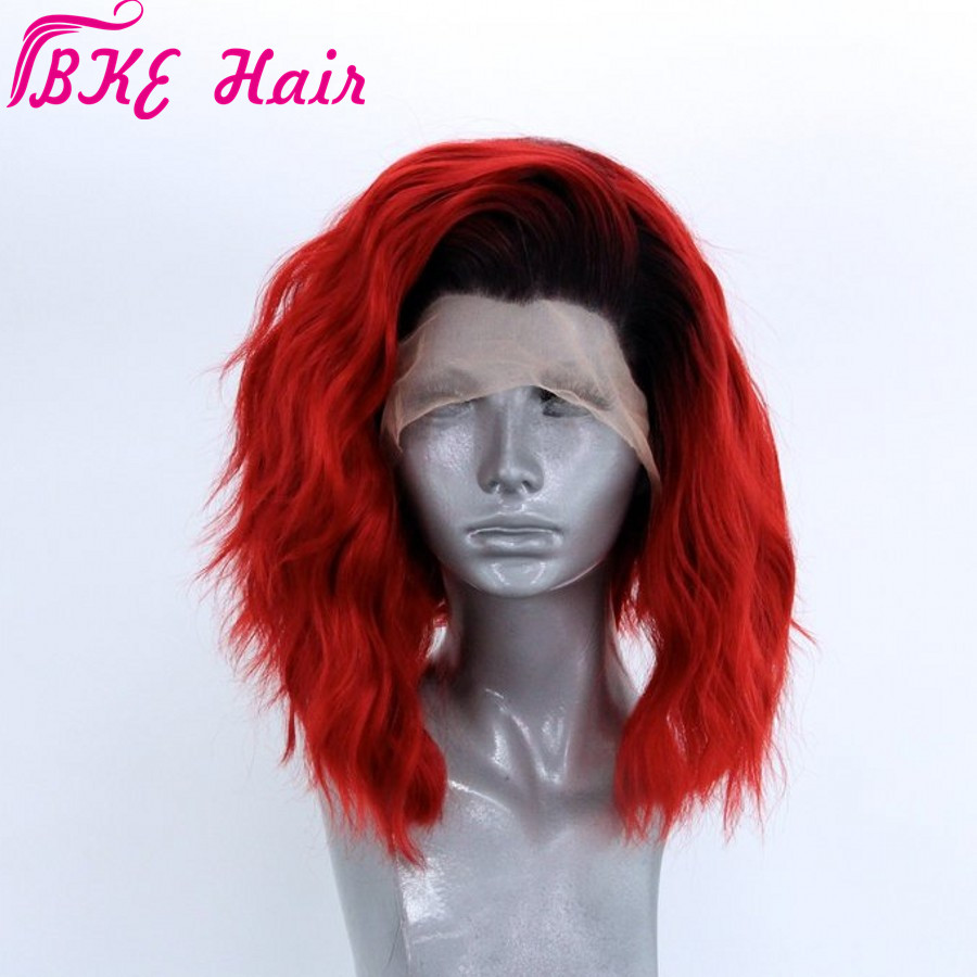 High quality rihanna style natural soft Short Loose natural Waves Black Roots Ombre Red Bob Synthetic Lace Front Wig Free Part for Women