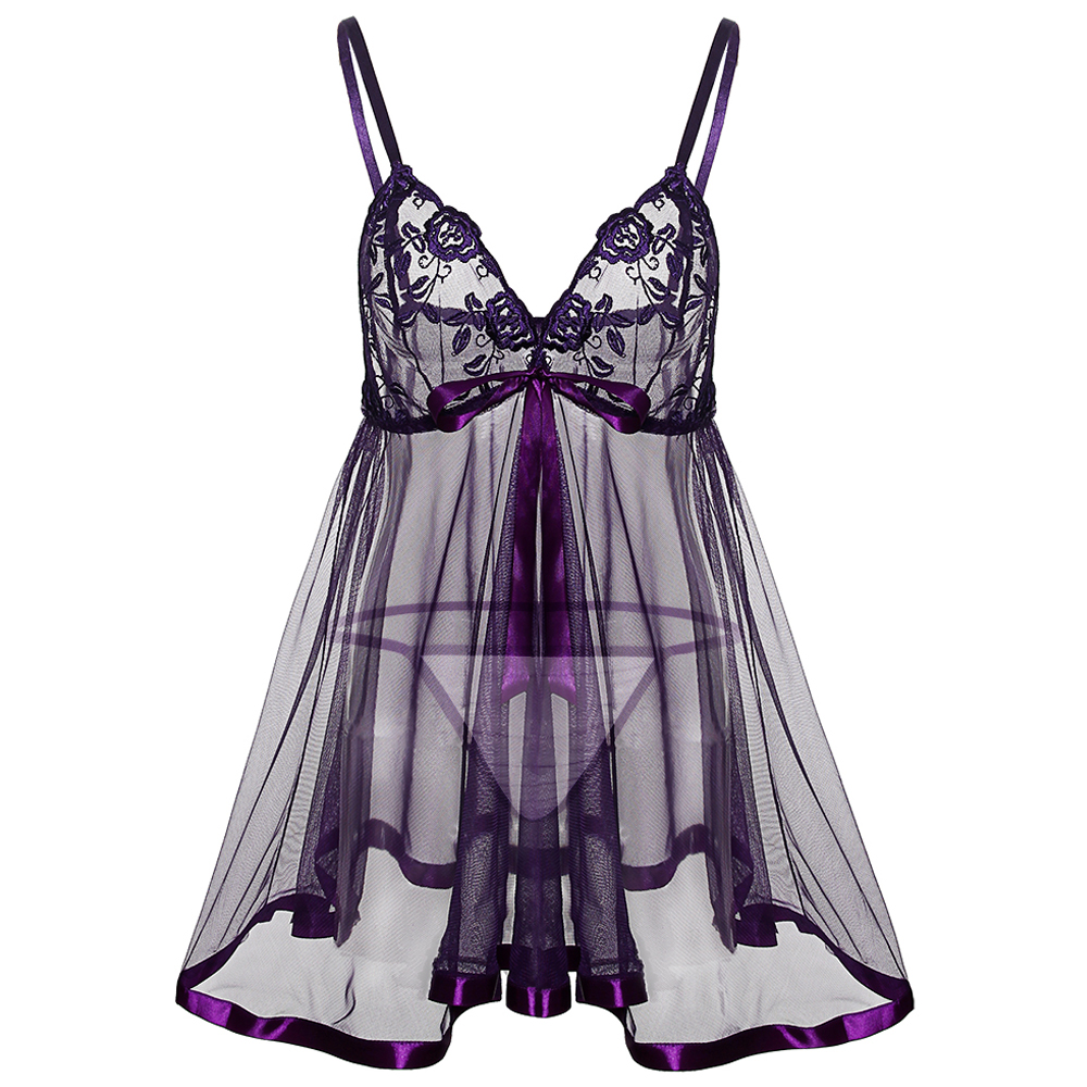 Women's Sleepwear Women Sexy Lingerie See-through Strap Dress Embroidery Intimates Ladies Full Lace Slips Plus Size 6XL