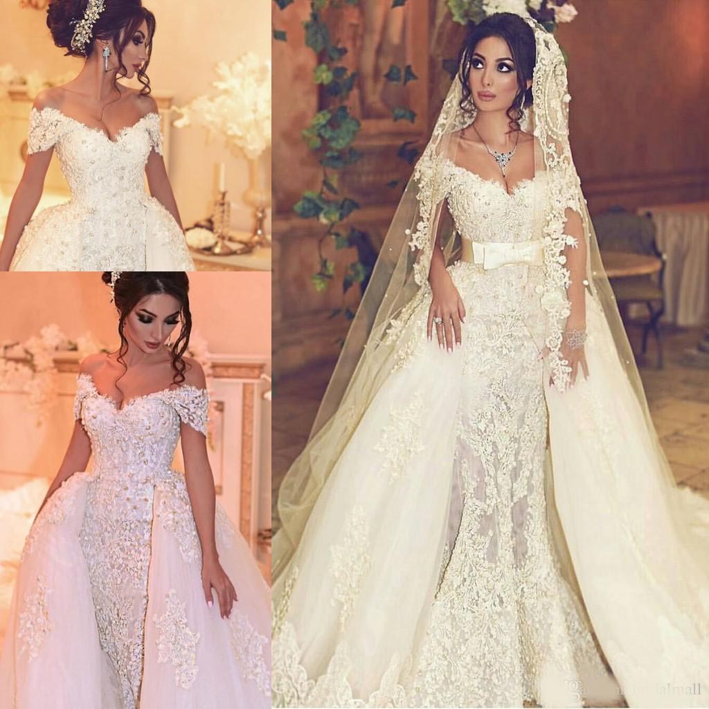 Sexy V Neck Luxury Lace Wedding Dresses Pearls V-Neck Off-Shoulder Detachable Train Applique Bridal Gowns With Belt Robe De Mariage