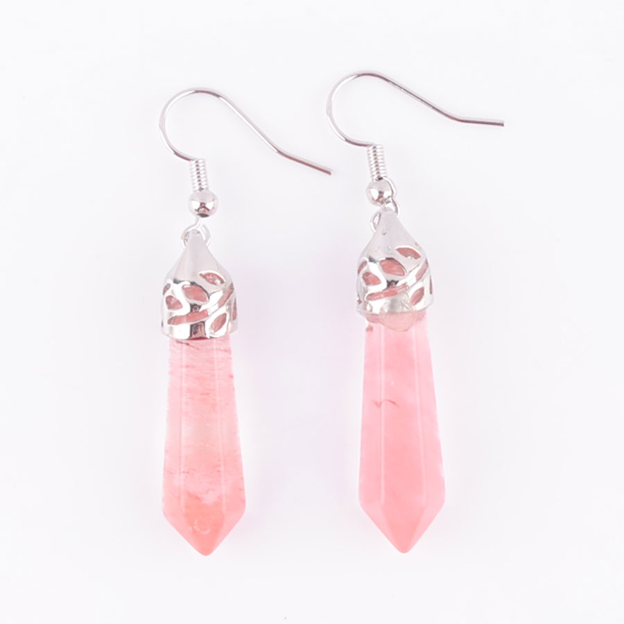WOJIAER Natural Red Quartz Gem Stone Dangle Earrings Hexagonal Pointed Reiki Chakra Beads For Women Jewelry R3076