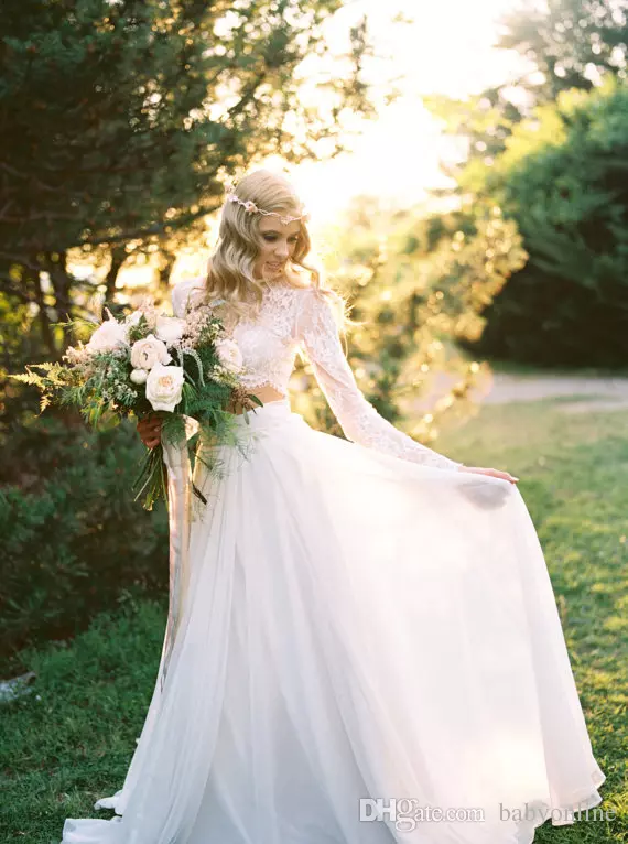 New Romantic Two Pieces Bohemian Wedding Dresses Long Sleeves Lace Crop Top Chiffon Beach Country Wedding Gowns CG01