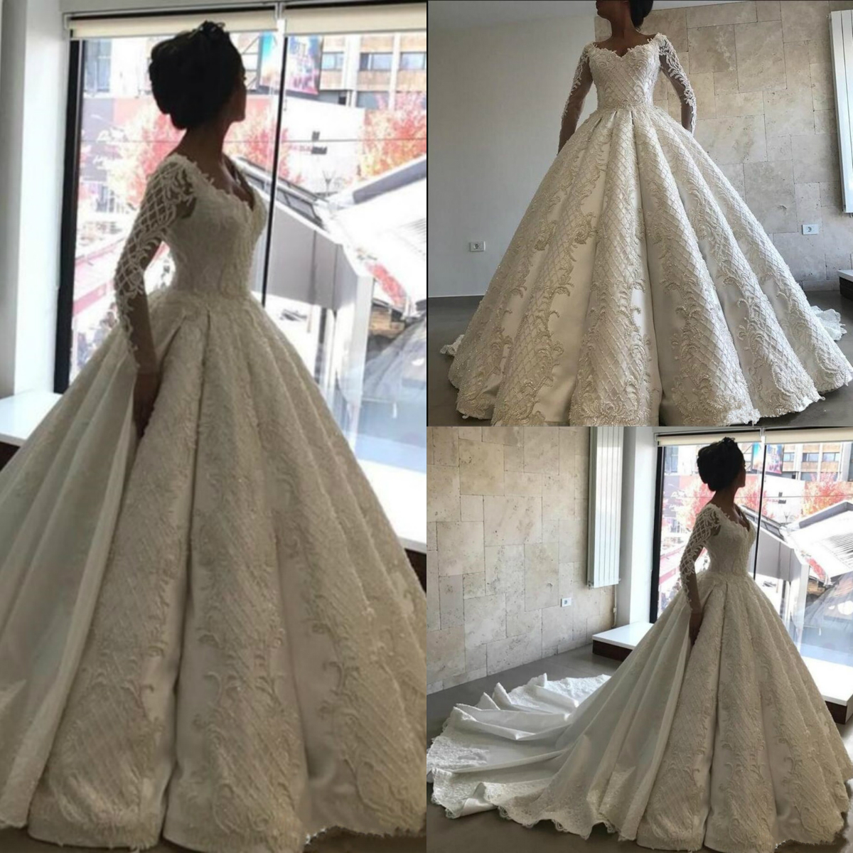 Modest Long Sleeve Wedding Dresses Lace Ball Gown Wedding Dress Beads V Neck Bridal Gowns Robe De Mariee