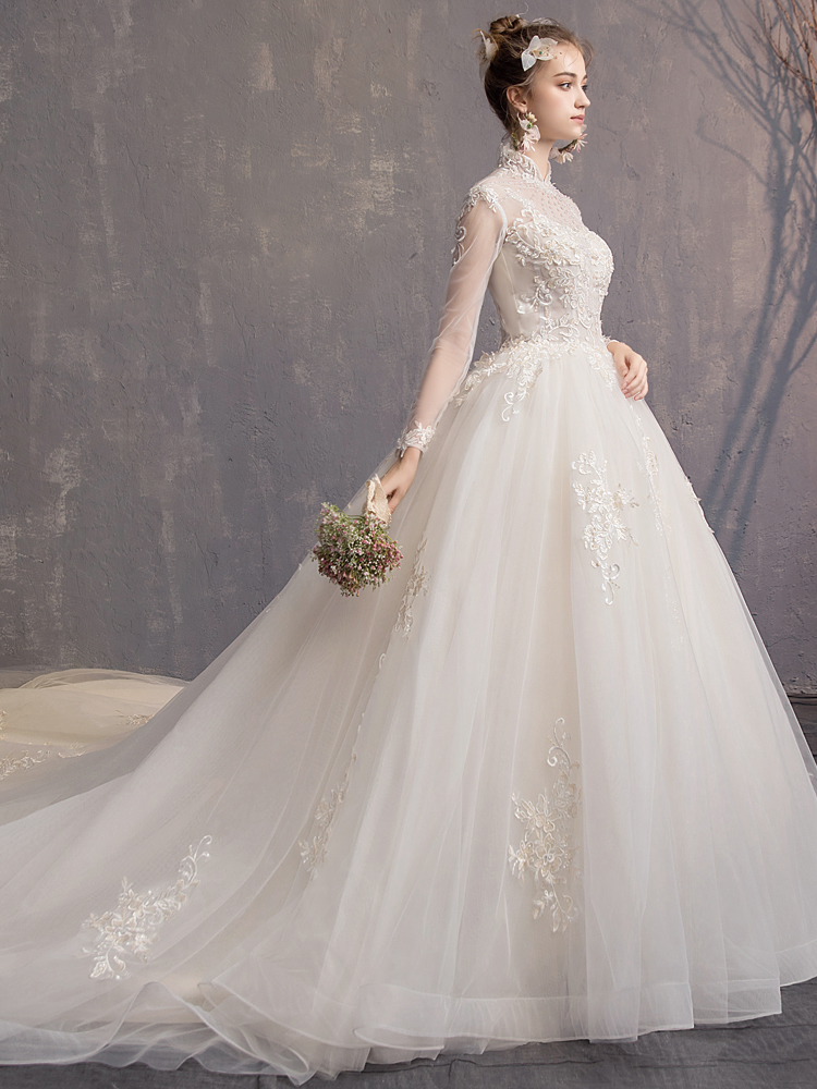 Modest YL Ball Gown High Neck Long Sleeve Hollow Wedding Dresses Lace Applique Pearls Wedding Gowns Sweep Train Bridal Gowns