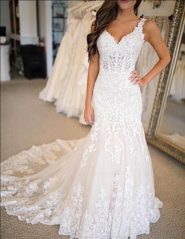2020 Sexy Long Mermaid Wedding Dresses New Long Sleeveless Sweep Strain deep V Neck ruched Lace Applique See Through Wedding Party Gowns