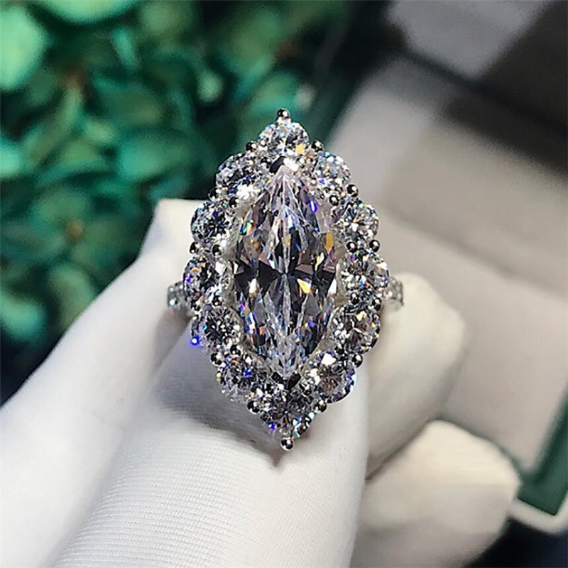Brand New Vintage Jewelry Sparkling Luxury Jewelry 925 Sterling Silver Marquise Cut White Topaz CZ Diamond Gemstones Women Wedding Band Ring