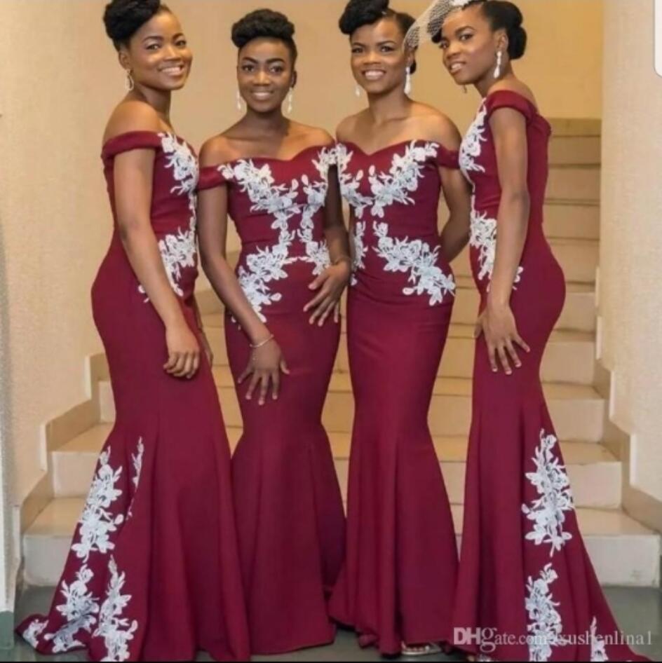 Burgundy Mermaid Bridesmaid Dresses With White Appliqued Off Shoulder Satin Maid of Honor Gowns Plus Size Prom Dress Party Wear