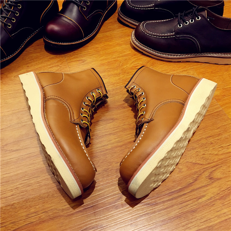 Hot Sale-Vintage Men Shoes Lace-Up Genuine Leather Boots Wing Male Handmade Work Travel Wedding Ankle Boots Casual Fashion Red Boots 875