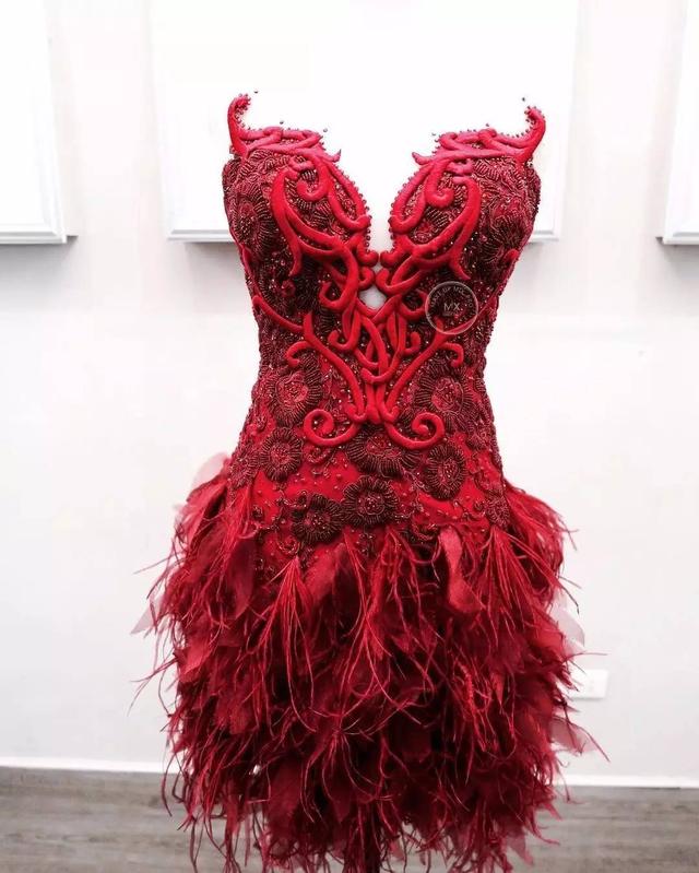 2020 Red Short Evening Dresses Sweetheart Lace Feather Embroidery Mini Prom Dress Party Wear Custom Made Beaded Cocktail Gowns