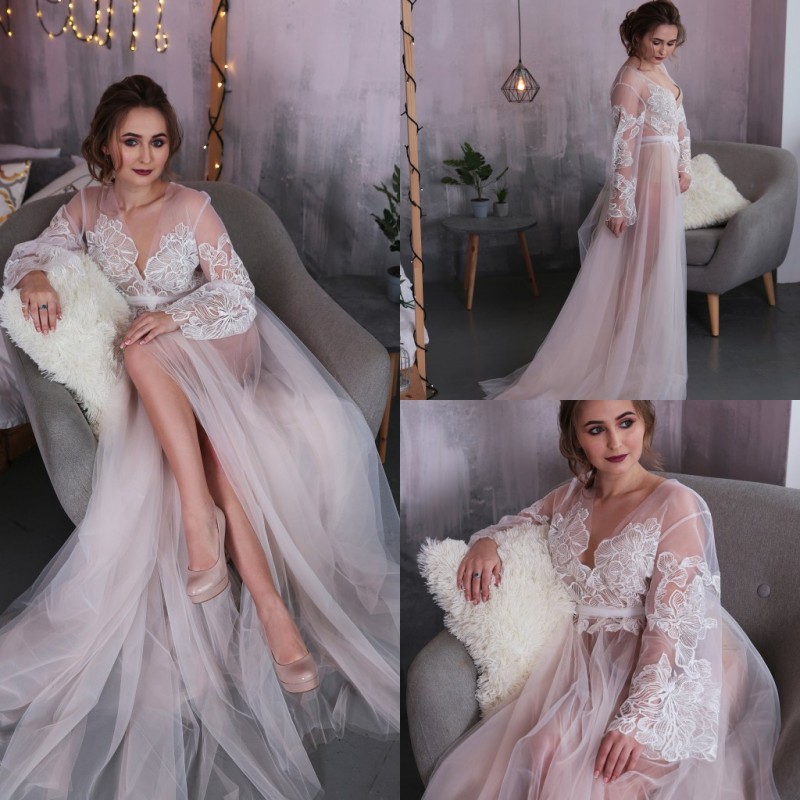 Sexy Wedding Robes Gown Sets For Women Deep V Neck Lace Appliques Custom Long Sleeve Lingerie Bridal Sleepwear Nightgown Bathrobes