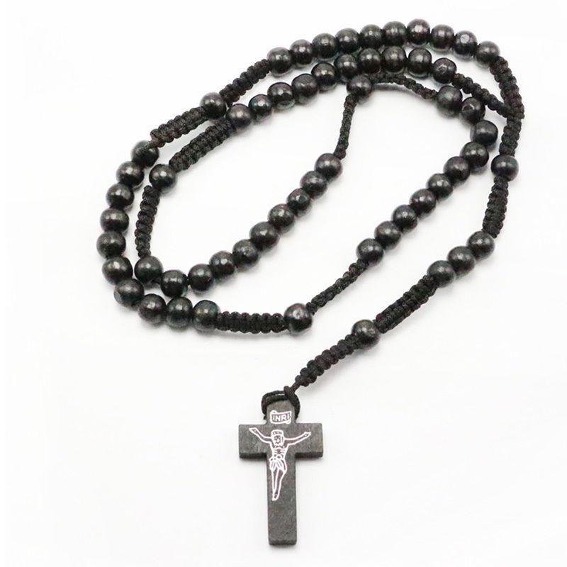 Wholesale- Men Women Catholic Christ Wooden 8mm Rosary Bead Cross Pendant Woven Rope Necklace Black/brown/Beige/ligt brown