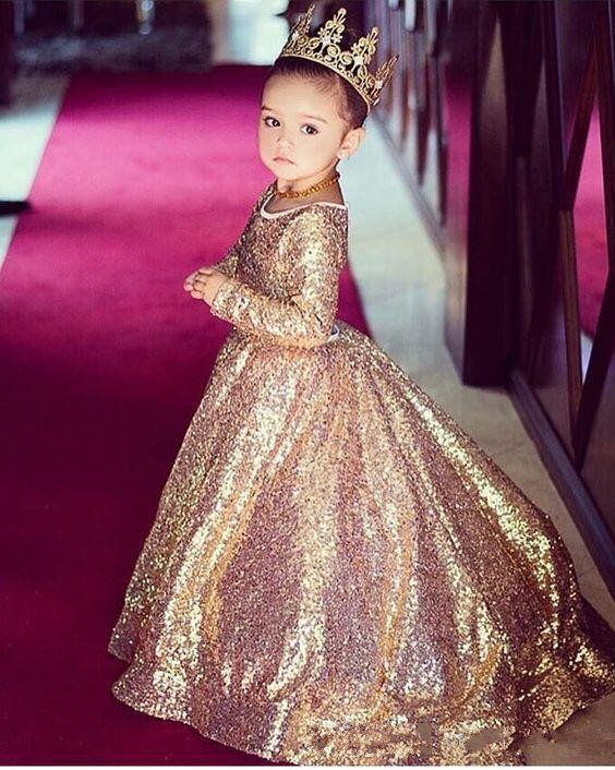 New Gold Sequined Ball Gown Pageant Dresses Jewel Neck Long Sleeves Open Back Sweep Train Kids Flower Girls Dress Birthday Gowns