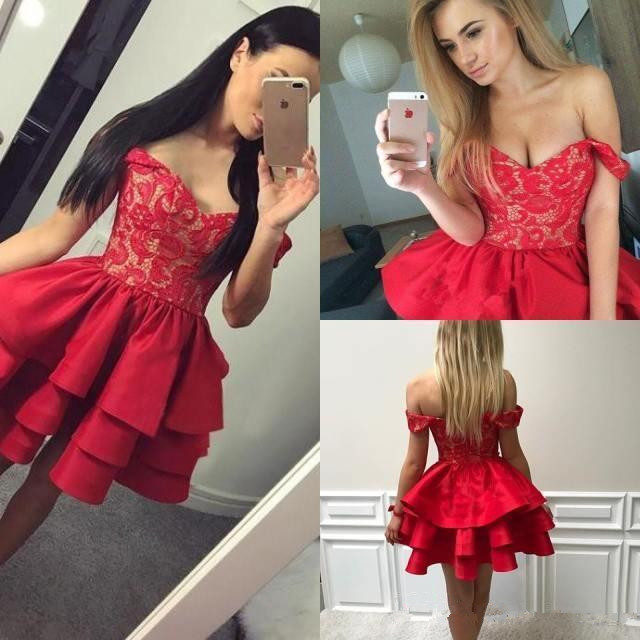 Ruffles Tiered Red Short Homecoming Dresses 2019 Modest A Line Off Shoulders Appliqued Mini Cocktail Gowns Short Party Dress, Burgundy