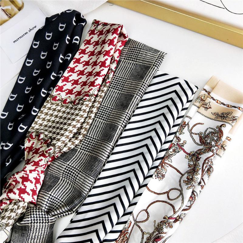 2020 New Summer Fashion Houndstooth Plaid Printed Satin Neck Scarf Shawl Ladies Silk Bag Handle Scarfs Neckerchiefs for Women