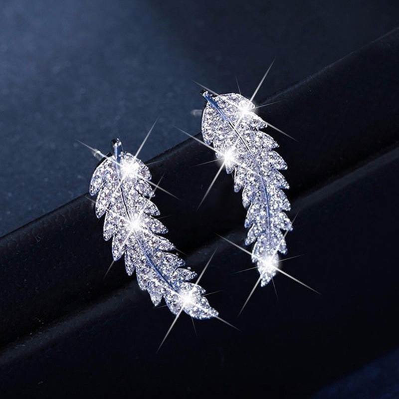 White Zircon Leaves Stud Earrings Charm Diamond Dangle Earring Ear Bone Nail Women Men No Allergies