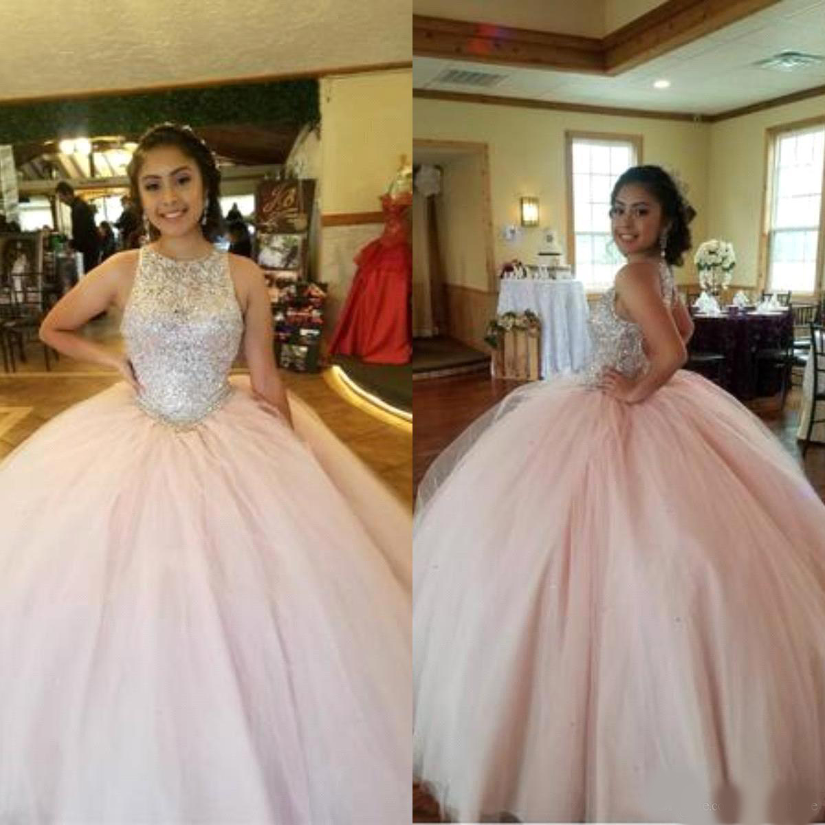 Pink Crystal Top Quinceanera Dresses Sexy Jewel Tulle Ball Gown Vestidos 15 anos Sweet 16 Prom Dresses Open Back Floor Length
