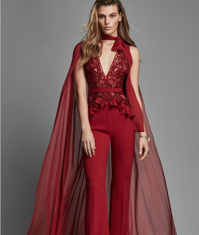 Red Jumpsuits Prom Dresses With Cape Sexy V Neck Lace Pants Evening Dress Fashion Zuhair Murad Formal Gowns Vestido De Festa