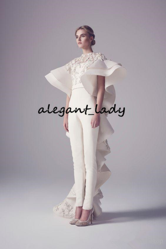 krikor jabotian prom jumpsuit with train luxury lace applique floral ruffles back arabic jewel occasion evening gown pant suit
