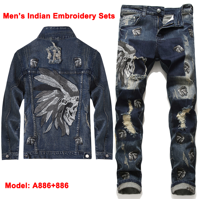 2020 New Men Denim Sets Fashion Punk Suit Brand Indian Embroidery Holes Denim Jackets + Jeanspants Mens Clothing 2 Pieces Sets, Jacket and jeans
2020 New Men Denim Sets Fashion Punk Suit Brand Indian Embroidery Holes Denim Jackets + Jeanspants Mens Clothing 2 Pieces Sets, Jacket and jeans