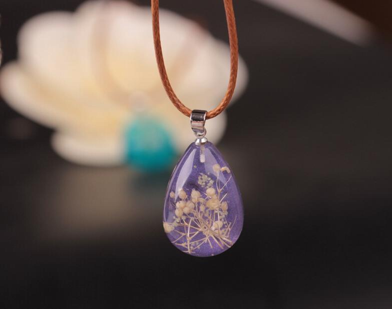 Resin Water Drop Dried Flower Stone Pendant Necklace Jewelry DJN73 mix order Pendant Necklaces jewelry