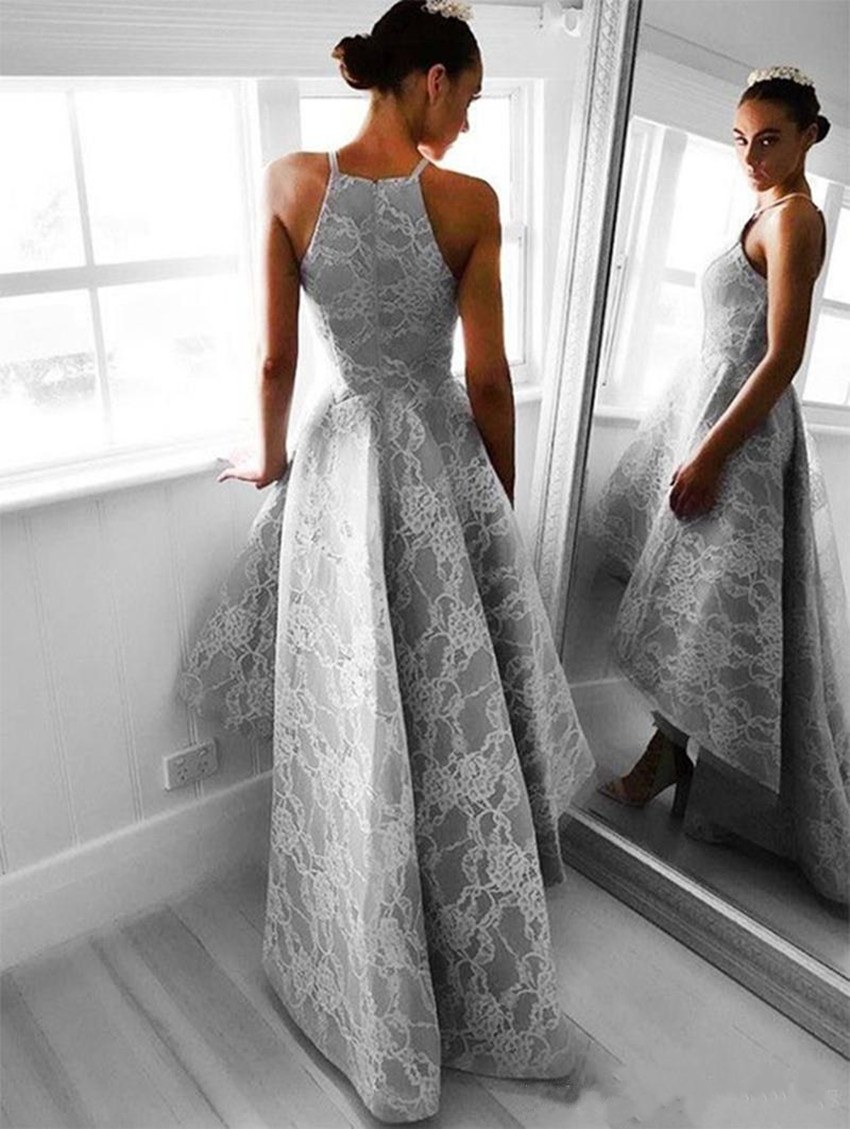2019 New Sexy Grey High Low Lace Evening Dress Halter Zipper Up Formal Gown Plus Size Prom Party Gowns vestidos de novia